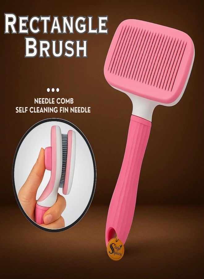 Sage Square Self Cleaning Rectangle Brush for Dogs & Cats | Heavy Duty Deshedding Tool with Back Button | Rubberised Handle | Grooming Comb for Thick Hair & Tangles | Easy Clean | 19cm Random Colour - Image 2